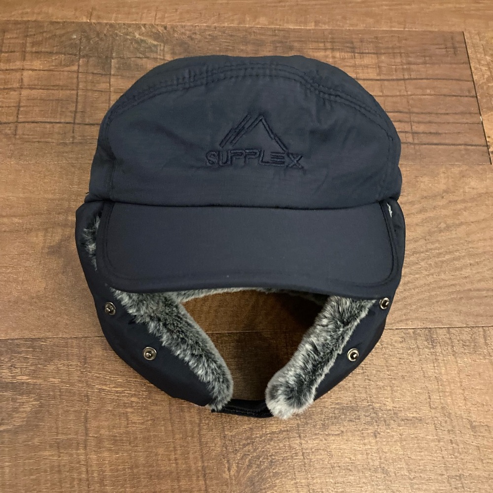 Supplex Fitted Trapper Hat Navy Blue Faux Fur Winter Cap OSFM